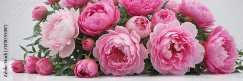 Vibrant pink peonies and roses bouquet, white backdrop  ,  image,  celebration