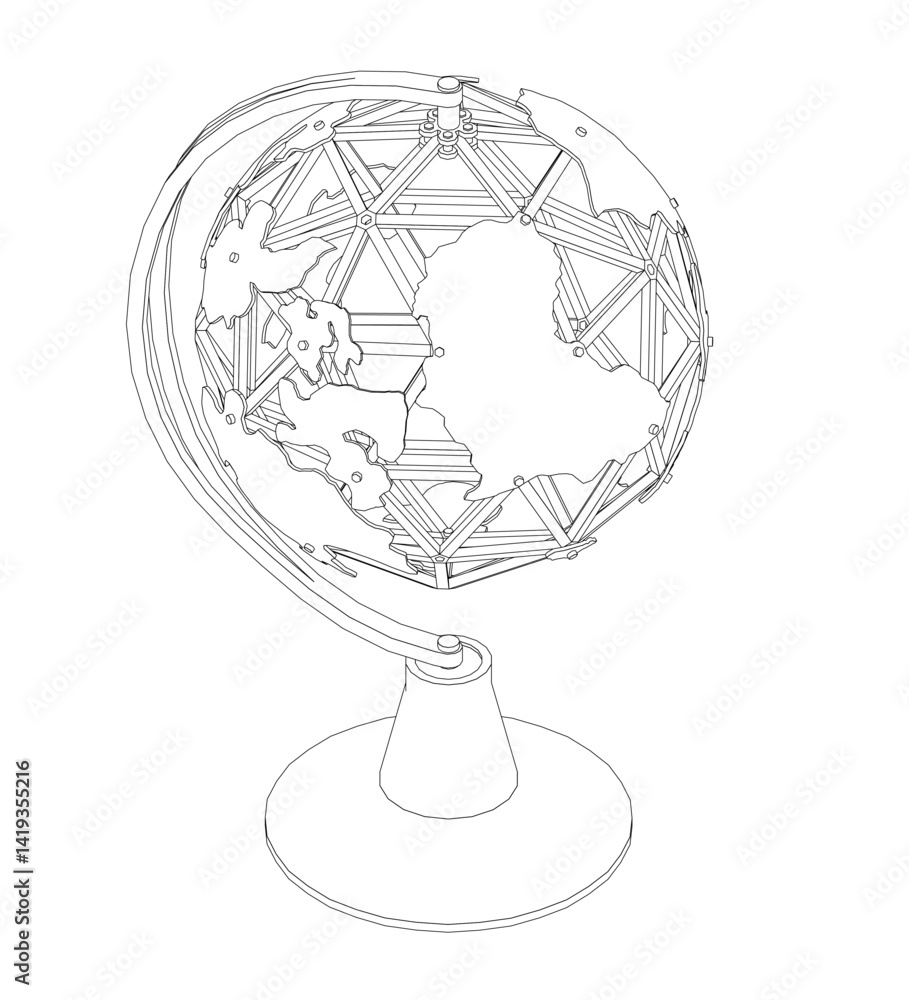 Obraz premium A globe with a white background. The globe is made of metal and has a white base. The globe is a representation of the Earth and is designed to be a decorative piece