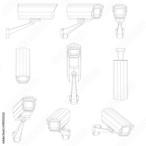 A series of drawings of security cameras. The drawings are all different sizes and styles, but they all have the same basic shape and design. The mood of the images is serious