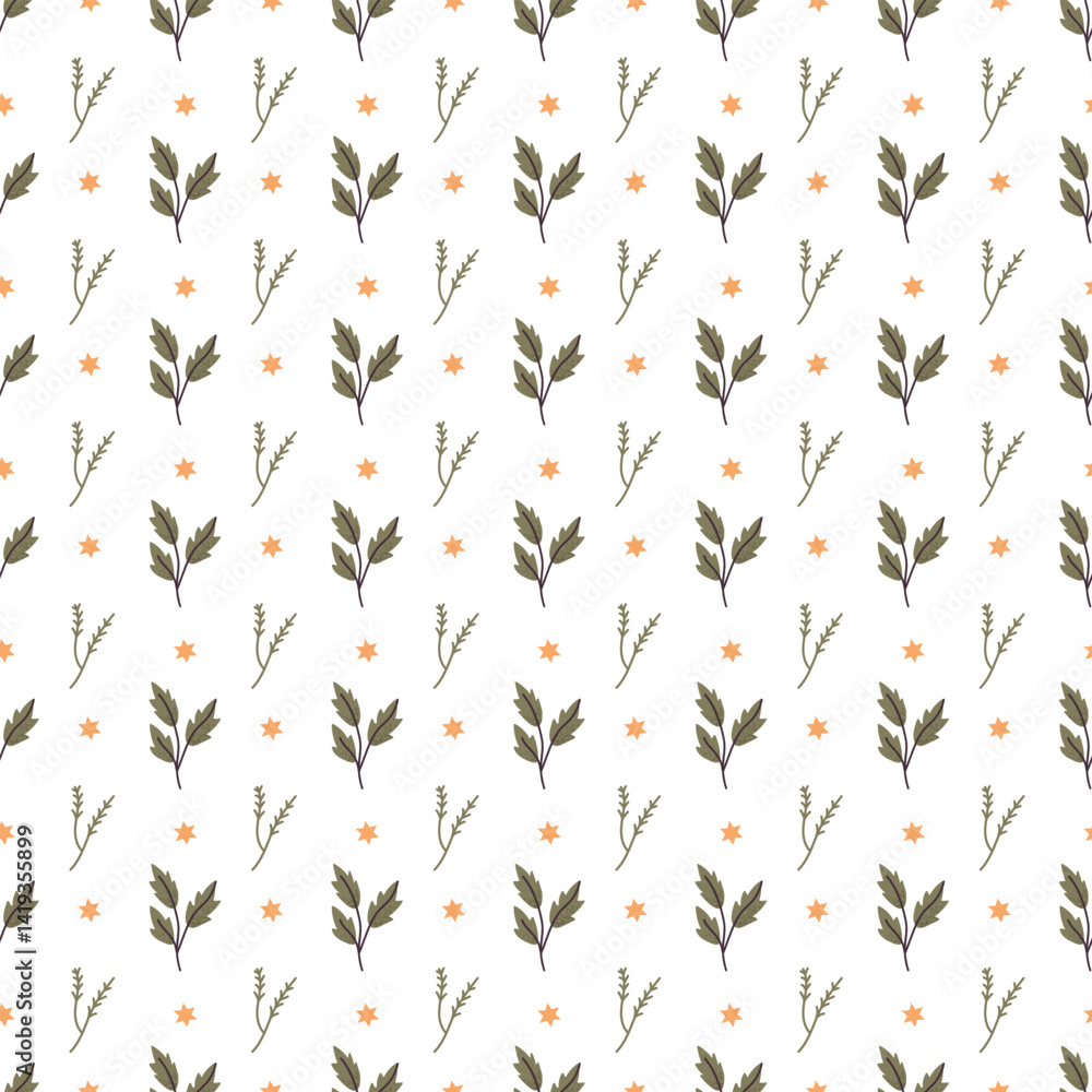 Seamless Pattern of Botanical Illustrations with Leaves and Stars Seamless Pattern of Botanical Illustrations with Leaves and Stars