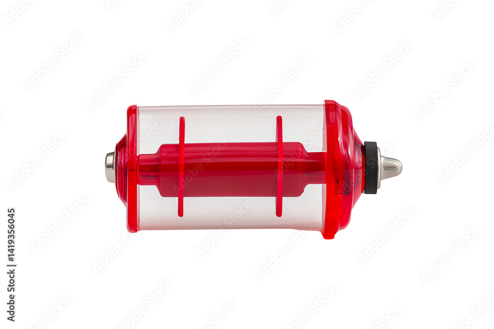 A cylindrical object with red accents and a transparent body, designed for holding or dispensing a liquid. A cylindrical object with red accents and a transparent body, designed for holding or dispensing a liquid.