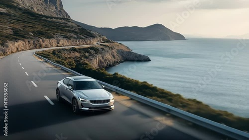 Aerial view of car driving by cinematic rocky ocean coast. Beautiful mountain road with scenic ocean view. Driving on mountain road. Road trip. Rocky Mountain landscape Car driving by Big Sur coast