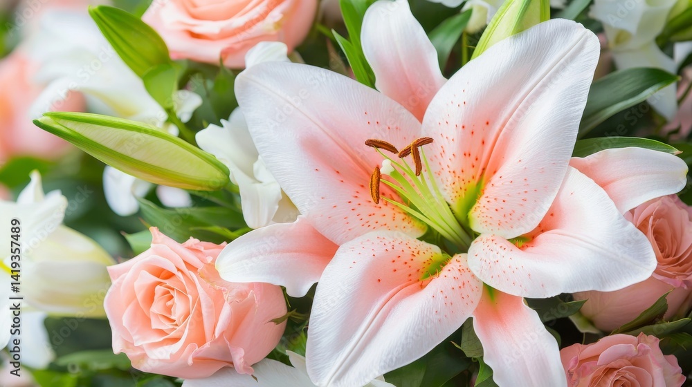 Fototapeta premium Large Elegant Funeral Wreath Featuring Pink Lilies and Roses Symbolizing Love and Remembrance