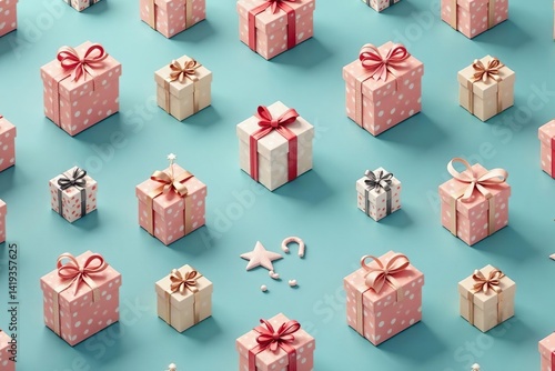 Subtle repeating pattern of tied gift boxes, simplified shapes , geometric, christmas
