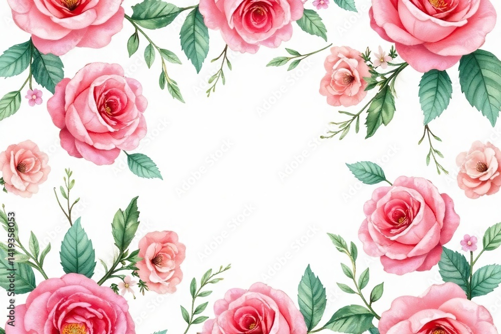 Fototapeta premium Delicate watercolor roses & leaves, repeating seamlessly , tileable, red