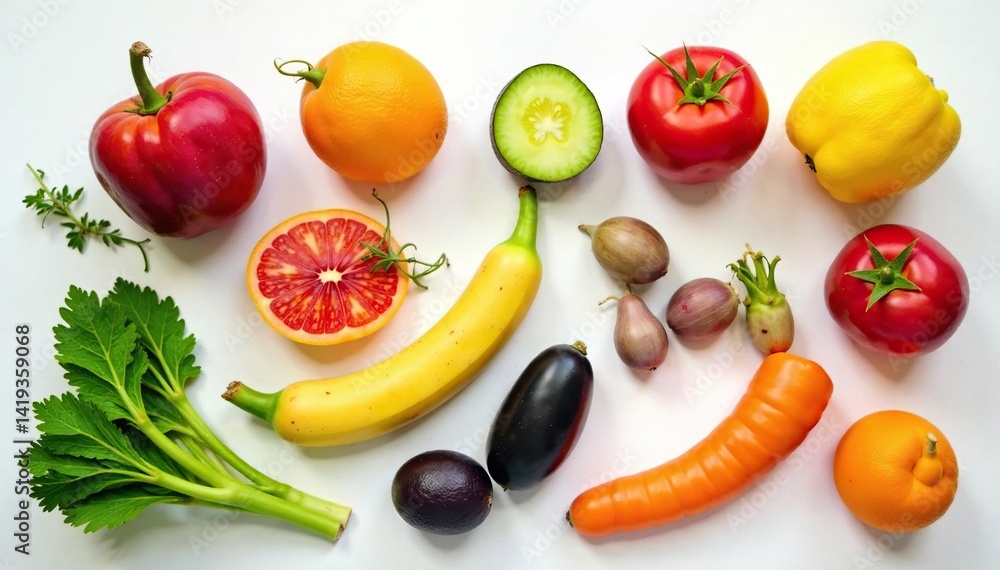 Naklejka premium Variety of organic fruits and vegetables on white, healthy, vibrant