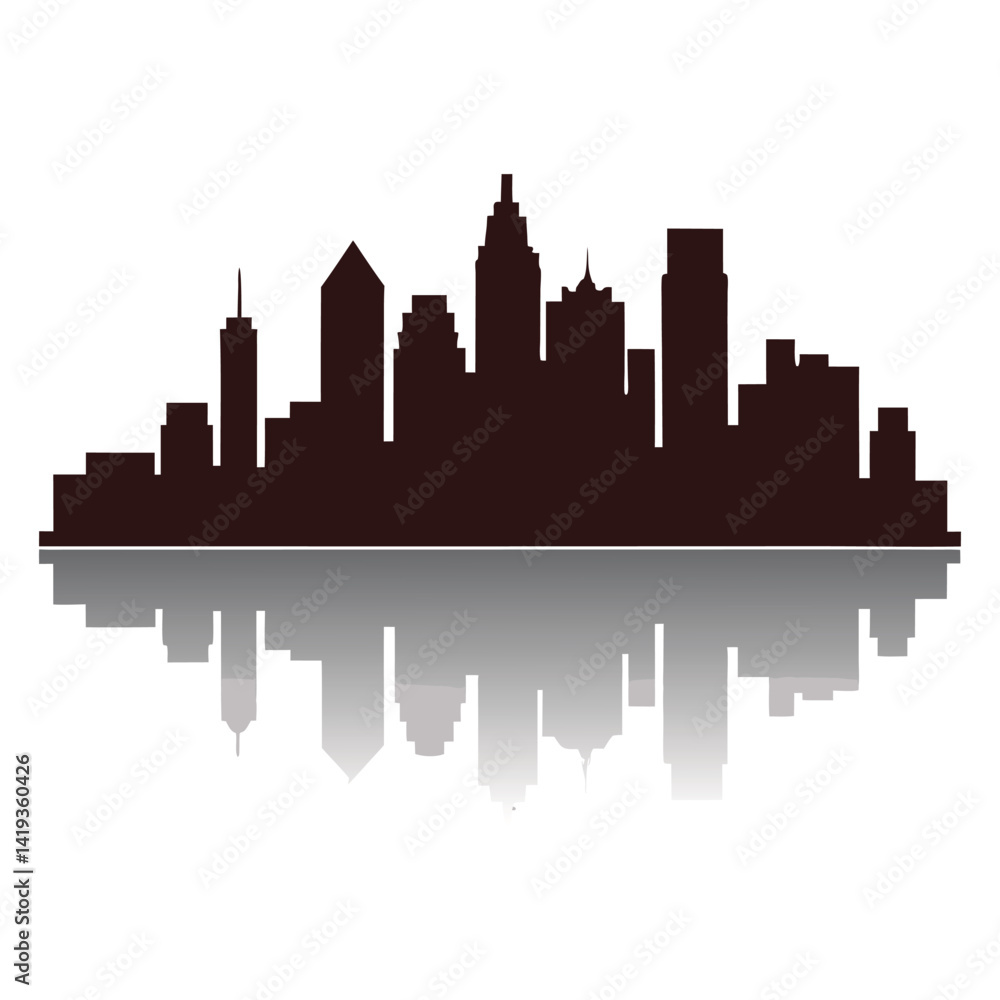 Obraz premium Minimalist Cityscape Skyline Vector Art with Water Reflection Monochrome Design