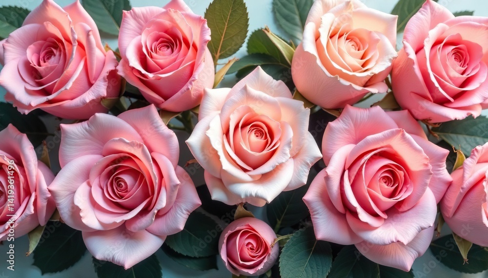 Naklejka premium Small-scale, evenly spaced roses in pastel hues , elegant, print, leaves