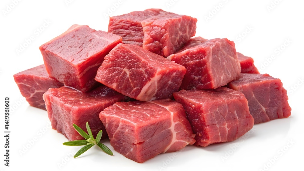 Fototapeta premium Fresh Cubed Raw Beef with Marbled Texture on White Background V3