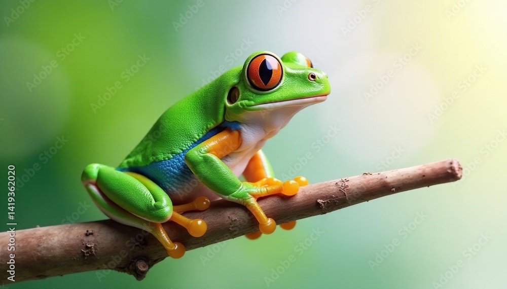 Obraz premium Green tree frog perched on white, vibrant colors, wildlife, closeup, macro