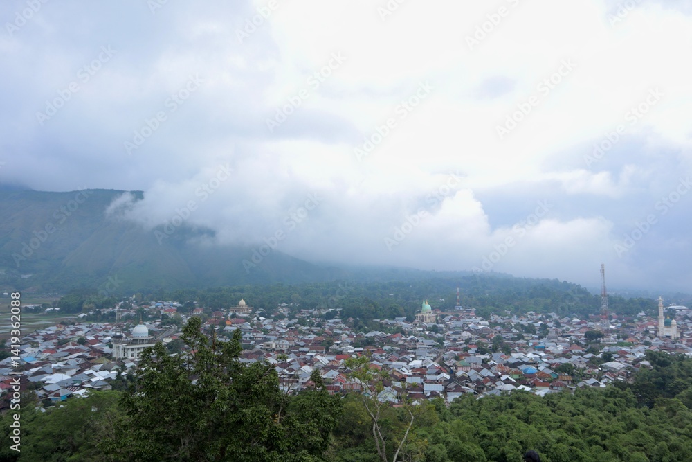 Fototapeta premium MistShrouded Townscape A mountain town veiled in clouds domes rising amidst a sea of rooftops and trees