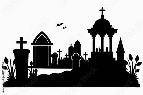 cemetery silhouette line art vector illustration