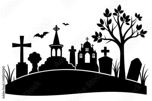 cemetery silhouette line art vector illustration