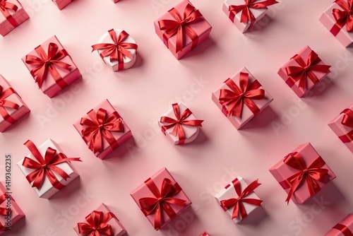 Elegant red ribbon tied gift boxes, repeating pattern, celebration, box, repeat
