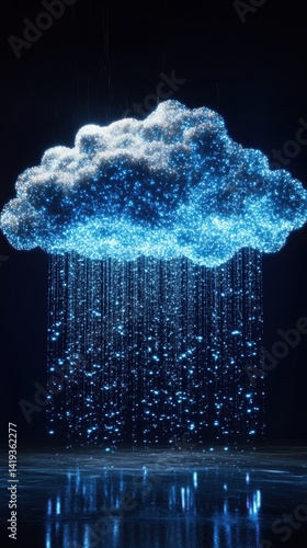 A glowing cloud with sparkling rain against a dark background