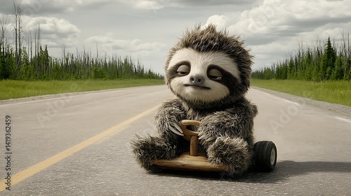 Cute Sloth on Toy Car on Empty Road