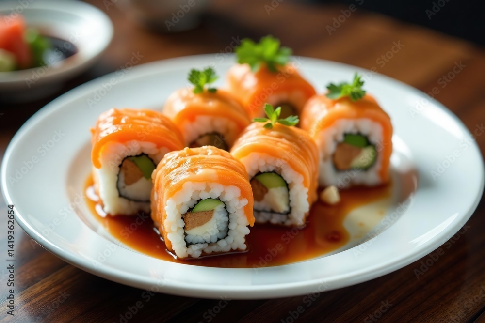 Variety of sushi rolls on white plate, soy sauce, rice, cuisine Variety of sushi rolls on white plate, soy sauce, rice, cuisine