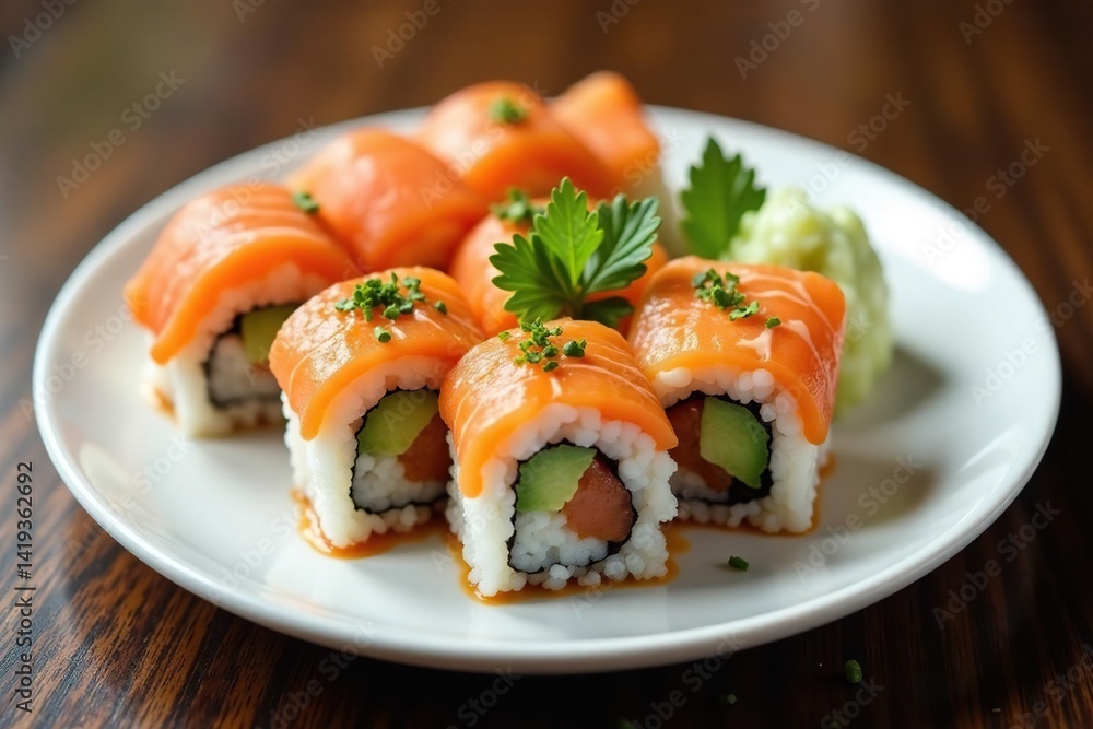 Variety of sushi rolls on white plate, soy sauce, wasabi, asian, isolated, white background Variety of sushi rolls on white plate, soy sauce, wasabi, asian, isolated, white background