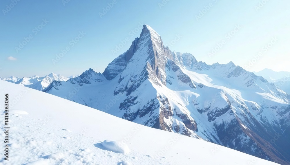 Fototapeta premium Snow-covered mountain peak, stark white landscape, ice, outdoor, clean