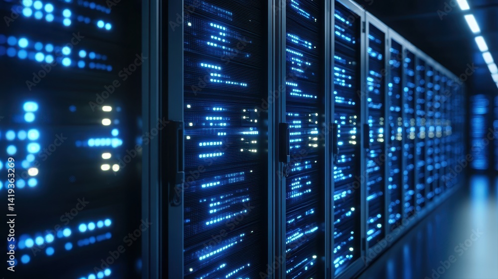 Inside a server room, data flows through rows of blinking blue lights on network servers, highlighting the importance of information technology infrastructure. Inside a server room, data flows through rows of blinking blue lights on network servers, highlighting the importance of information technology infrastructure.