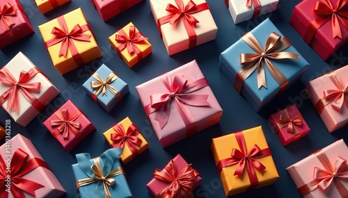 Elegant repeating pattern of tied gift boxes, festive ribbons , bow, repeat