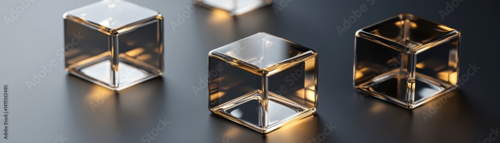 Transparent crystal cubes with gold trim are artfully arranged on a dark surface, creating a captivating display of light, shadow, and geometric precision. Transparent crystal cubes with gold trim are artfully arranged on a dark surface, creating a captivating display of light, shadow, and geometric precision.