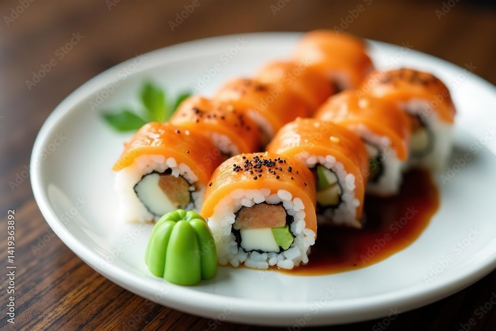 Variety of sushi rolls on white plate, soy sauce, wasabi, food, plate, presentation Variety of sushi rolls on white plate, soy sauce, wasabi, food, plate, presentation