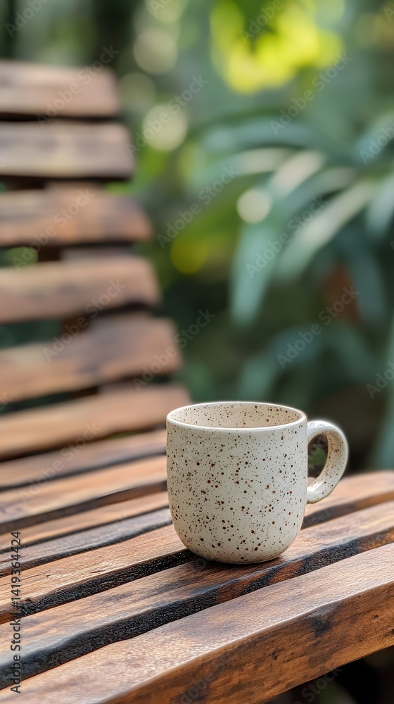 Speckled Mug Coffee on Wooden Bench Outdoors Speckled Mug Coffee on Wooden Bench Outdoors