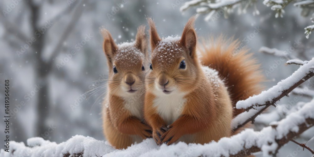 Fluffy red squirrel nestled in snowy branches, snowflakes dusting its fur , forest, rodent Fluffy red squirrel nestled in snowy branches, snowflakes dusting its fur , forest, rodent