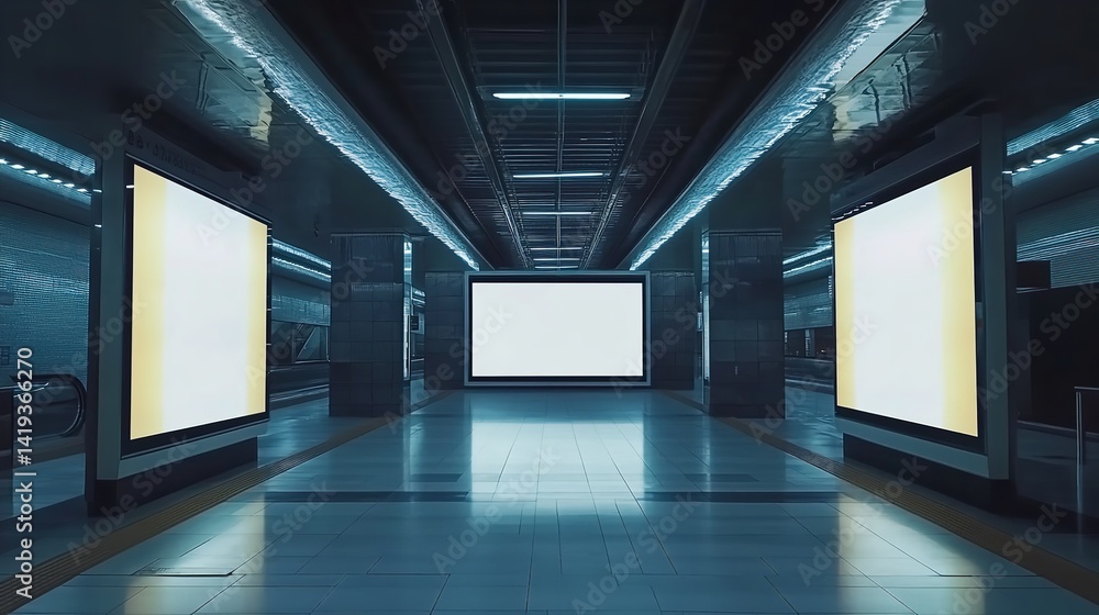 Modern Subway Station Blank Advertisement Mockup Large Bright Illuminated Digital Signage Panels Empty Display Screens Public Modern Subway Station Blank Advertisement Mockup Large Bright Illuminated Digital Signage Panels Empty Display Screens Public
