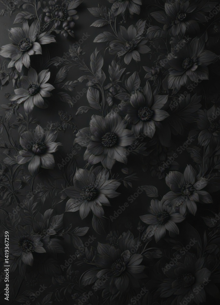 Naklejka premium Intricate black charcoal floral wallpaper, textured, elegant , dark, monochrome