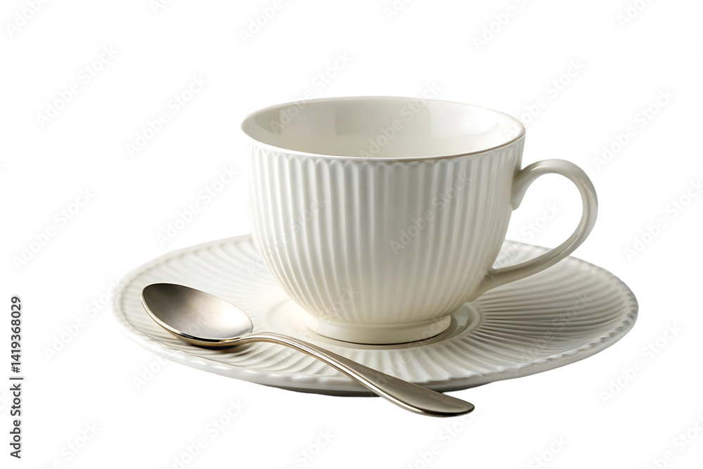 Elegant White Porcelain Teacup and Saucer with Silver Spoon isolated on white backgground Elegant White Porcelain Teacup and Saucer with Silver Spoon isolated on white backgground