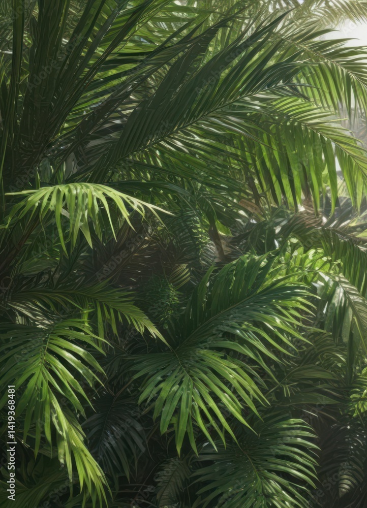 Intricate palm fronds, vibrant greens, sunlight dappling , paradise, flora Intricate palm fronds, vibrant greens, sunlight dappling , paradise, flora