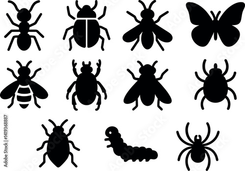 Insects Silhouette Collection: A collection of insect silhouettes presents a diverse array of creatures. From the industrious ant to the delicate butterfly.