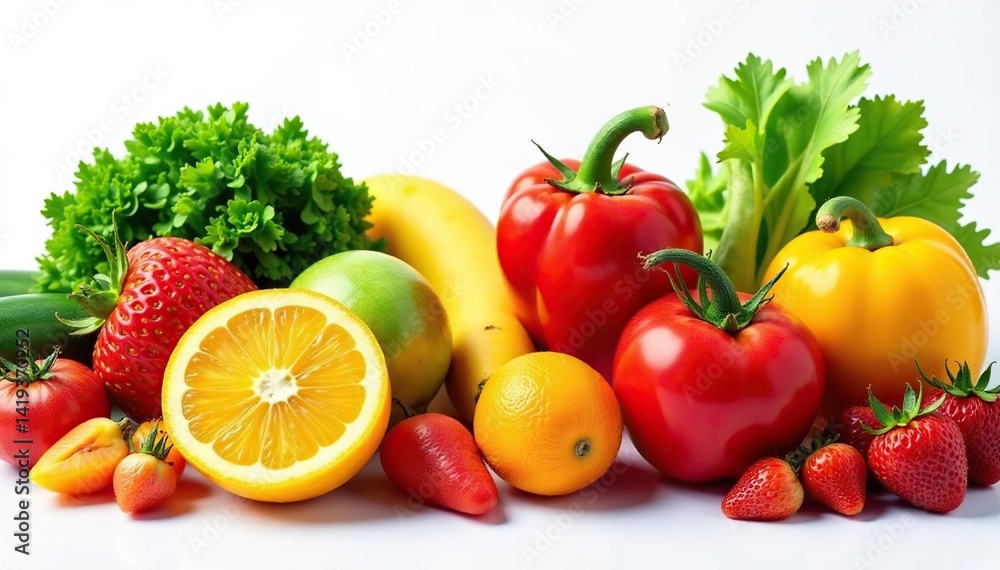 Variety of organic fruits & vegetables isolated, ingredients, vegetable Variety of organic fruits & vegetables isolated, ingredients, vegetable