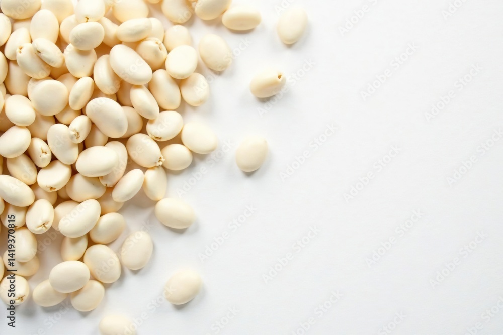 Scattered white beans on pristine white surface, organic, beans Scattered white beans on pristine white surface, organic, beans