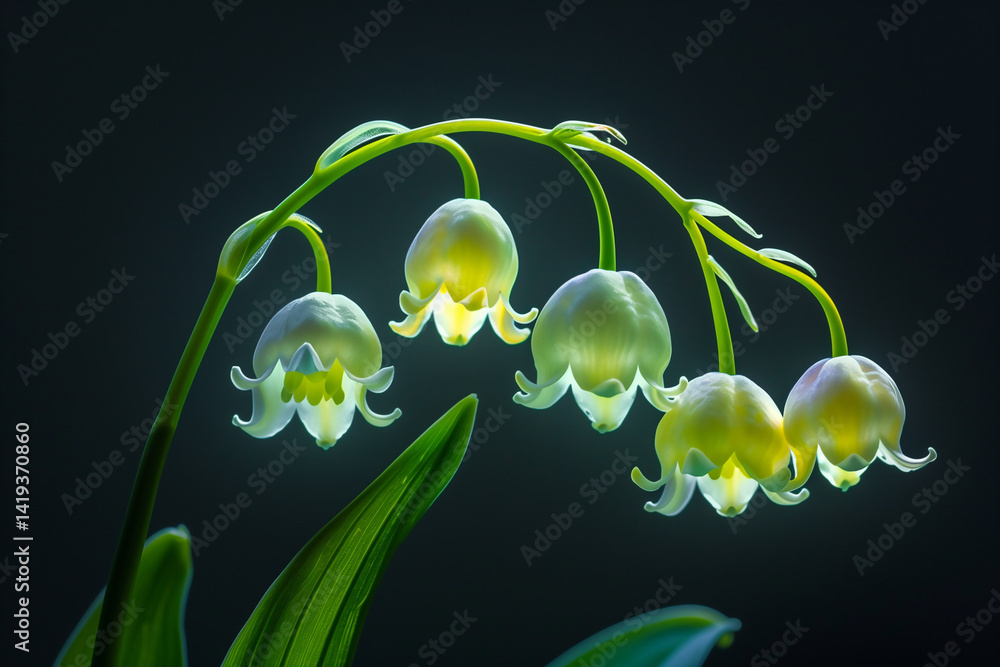 Obraz premium Brin de muguet lumineux aux clochettes blanches délicates sur fond sombre, symbole du 1er mai et du printemps, plante porte-bonheur traditionnelle en France 