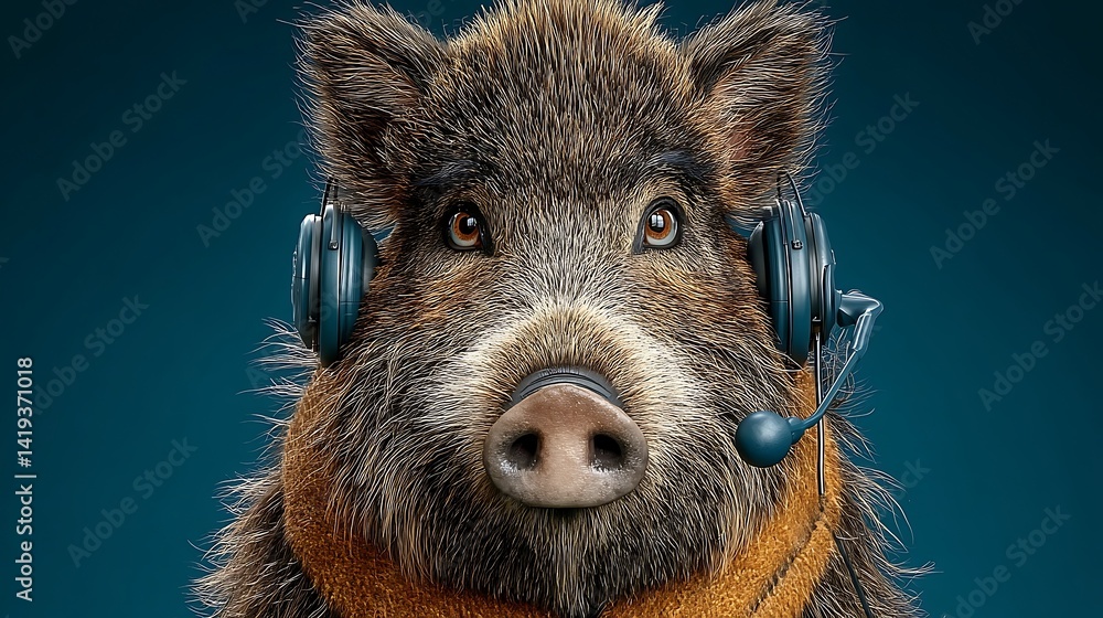 Fototapeta premium Boar Wearing Headset Against Teal Background