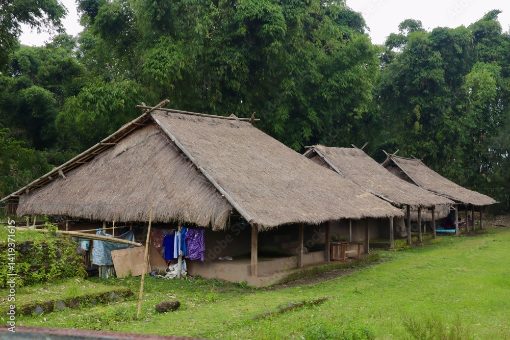 Aerial view of traditional Bale Balaq houses in a village setting in Indonesia, surrounded by lush greenery. Unique longhouse architecture with thatched roofs. Aerial view of traditional Bale Balaq houses in a village setting in Indonesia, surrounded by lush greenery. Unique longhouse architecture with thatched roofs.