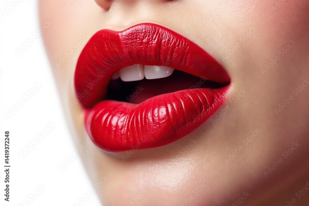 Obraz premium Intensely pigmented red lip color against stark white , pigment, matte, red lips