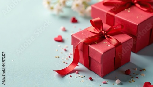 Elegant red ribbon tied gift boxes, gold accents, ornate, style