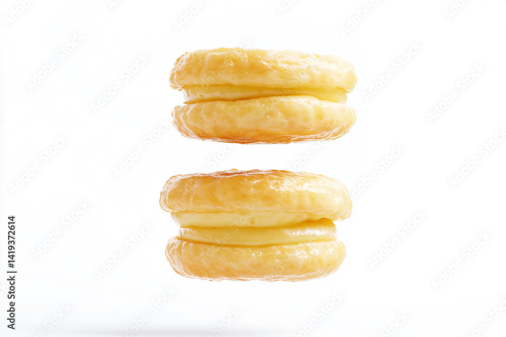 a stack of three glazed donuts floating in the air a stack of three glazed donuts floating in the air