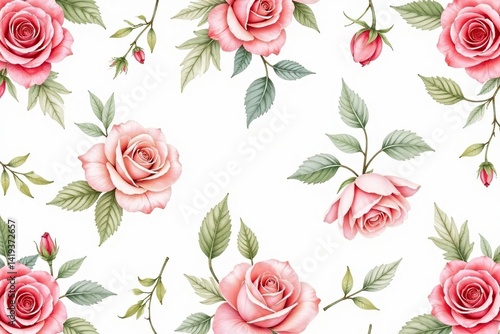 Delicate watercolor roses and leaves, repeating floral pattern , illustration, seamless pattern, image