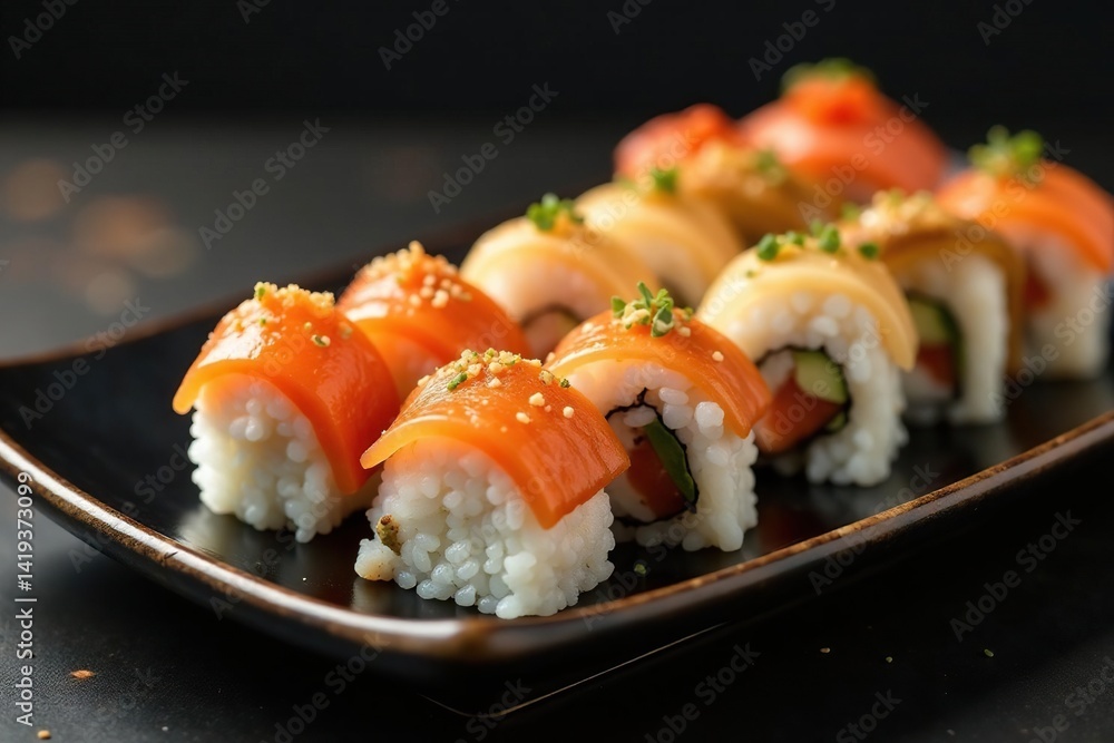 Sushi platter, various rolls, elegant presentation , maki, raw Sushi platter, various rolls, elegant presentation , maki, raw