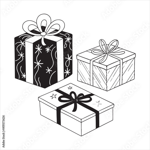 Stylish Black and White Gift Boxes with Ribbons – Elegant Holiday Present Vector for Celebration and Festive Design