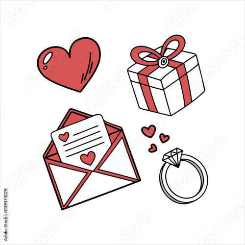 Valentine Love Icons with Gift Box, Engagement Ring, Heart, and Envelope – Romantic Celebration Vector Set