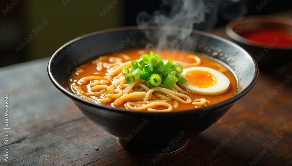 Steaming bowl of ramen, chopsticks, spring onions, white, meal Steaming bowl of ramen, chopsticks, spring onions, white, meal