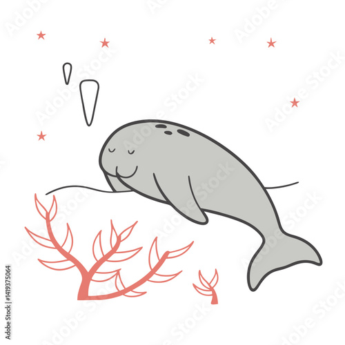 Cartoon manatee relaxing peacefully underwater with coral background  