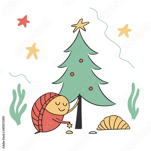 Cartoon sea cucumber decorating a Christmas tree with joy  