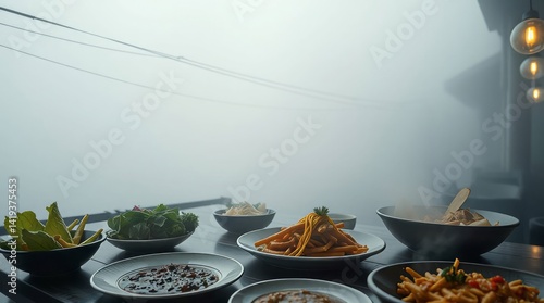 Photorealistic image of international cuisine, thick fog,  film-like composition and lighting, low visibility, professional photography style, high quality, soft contrast and saturation